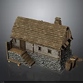 Traditional Rustic Cottage With Wooden Roof Stone Wall Base Wooden Stairs Chimney And Barrel