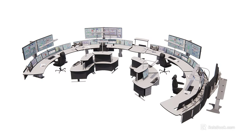 Office Desks In Curved Arrangement With Multiple Monitors And Control Panels 3d model