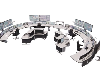 Office Desks In Curved Arrangement With Multiple Monitors And Control Panels 3d model