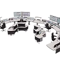 Office Desks In Curved Arrangement With Multiple Monitors And Control Panels 3d model