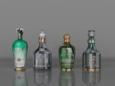 Elegant Premium Liquor Bottles With Green Transparent Glass And Gold Accents 3d model