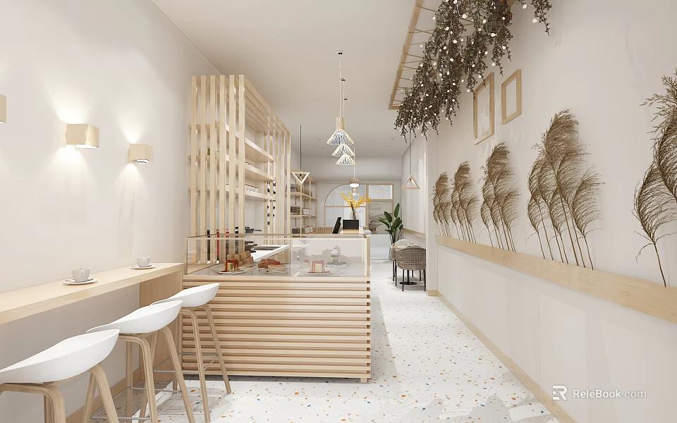 Modern Milk Tea Shop Interior With Wooden Bar Counter Stools And Pampas Grass Decorations 3d model 
