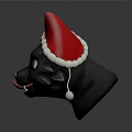 Cartoon Black Cat Head Wearing Red Santa Hat With White Pompom Trim Blue Eyes Pink Nose