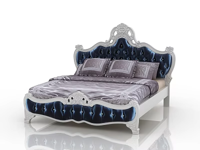 Elegant Double Bed With Ornate Carved Headboard Blue Velvet Upholstery And Patterned Bedspread Pillows 3d model