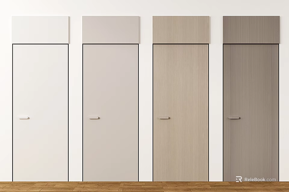 Modern Hinged Doors in Various Colors and Wood Textures for Interior Design with Metal Handles 3d model 