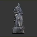 Traditional Bronze Horned Mythical Beast Statue With Ornate Pedestal Carvings And Ancient Artistic Style
