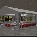 White Canopy With Pillars Under Modern Building Featuring Tables and Chairs 3d model