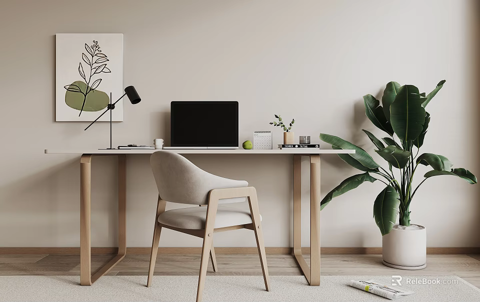 Modern Wooden Desk With Laptop Table Lamp Comfortable Chair Large Plant And Wall Art 3d model 