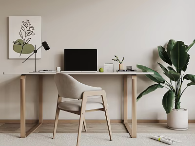 Modern Wooden Desk With Laptop Table Lamp Comfortable Chair Large Plant And Wall Art 3d model