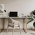 Modern Wooden Desk With Laptop Table Lamp Comfortable Chair Large Plant And Wall Art