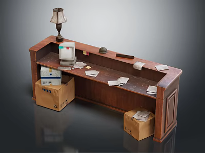 Wooden Reception Desk Setup With Table Lamp Printer Telephone Papers And Cardboard Boxes 3d model
