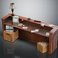 Wooden Reception Desk Setup With Table Lamp Printer Telephone Papers And Cardboard Boxes