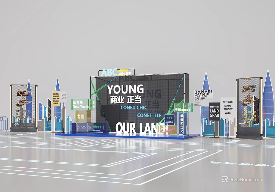 Modern Commercial Talk Show Stage with OUR LAND Theme Display Stands and Blue Arrows 3d model 