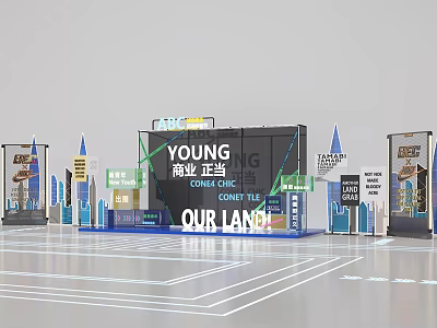 Modern Commercial Talk Show Stage with OUR LAND Theme Display Stands and Blue Arrows 3d model