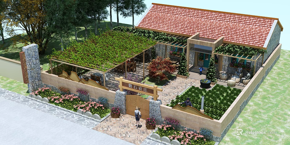 Garden Landscape Design with Red Tile Roof Pergola Green Vines Stone Path and Colorful Flowers 3d model 