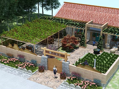 Garden Landscape Design with Red Tile Roof Pergola Green Vines Stone Path and Colorful Flowers 3d model