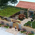 Garden Landscape Design with Red Tile Roof Pergola Green Vines Stone Path and Colorful Flowers