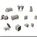 Various Industrial Equipment Components Including Gear Pump Container Motor And Mechanical Parts On White Background