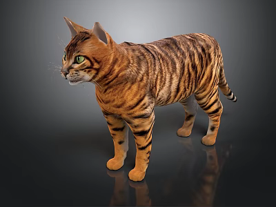 Striped Brown and Black Cat with Green Eyes Standing on Dark Background with Reflection 3d model