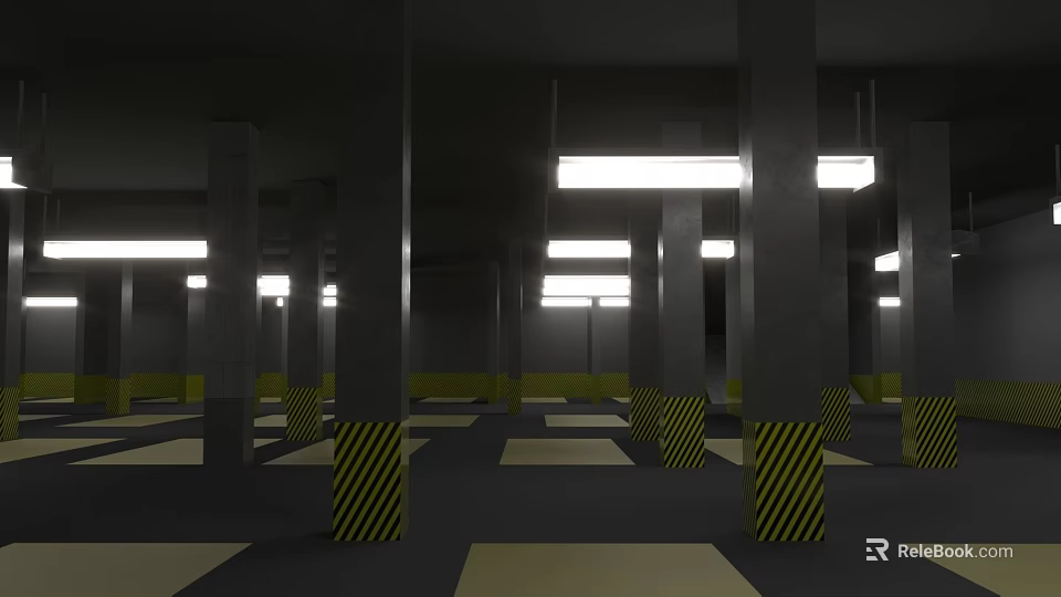Spacious Indoor Parking Garage With Striped Columns Ceiling Lights And Patterned Floors 3d model 
