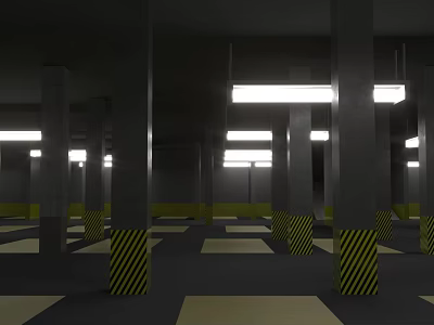 Spacious Indoor Parking Garage With Striped Columns Ceiling Lights And Patterned Floors 3d model