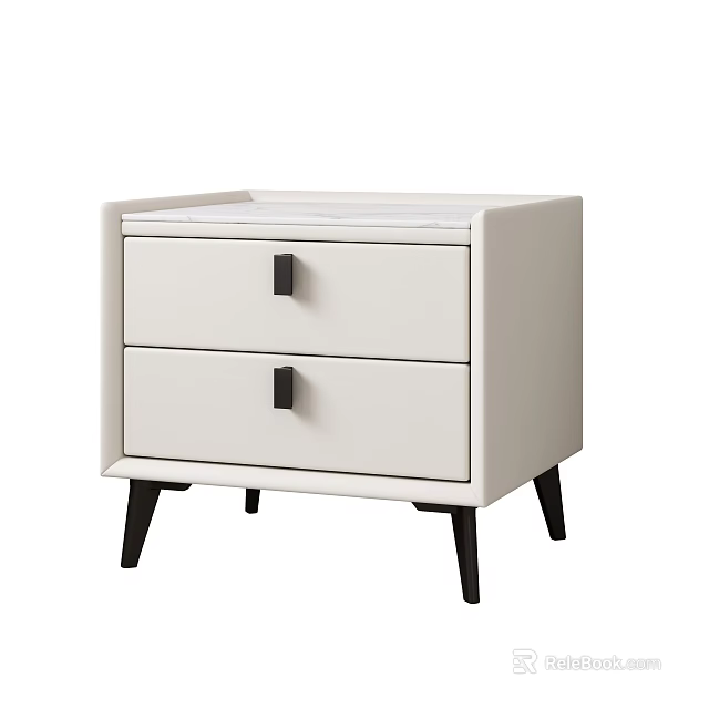 Modern White Bedside Table With Two Drawers And Black Handles And Legs 3d model 