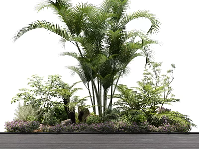 Lush Green Shrubs with Palm Trees Ferns Purple Flowers and Stones on Dark Wooden Floor 3d model