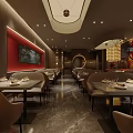 Elegant Restaurant Interior With Dining Tables Chairs Wall Art Decorative Plants And Pendant Lights