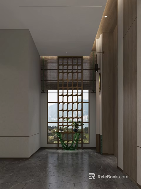 Hotel Corridor Interior With Wooden Lattice Window And Natural View Decor 3d model 