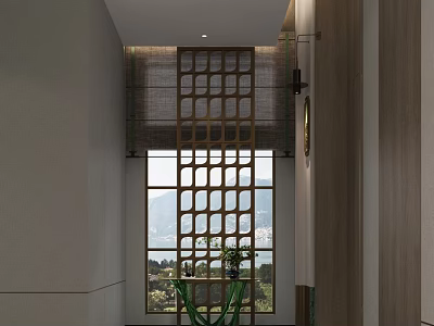 Hotel Corridor Interior With Wooden Lattice Window And Natural View Decor 3d model
