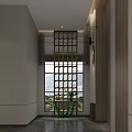 Hotel Corridor Interior With Wooden Lattice Window And Natural View Decor