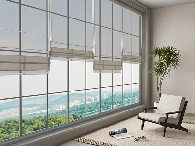 Light Filtering Window Blinds For Large Window With Scenic View And Cozy Indoor Decor 3d model