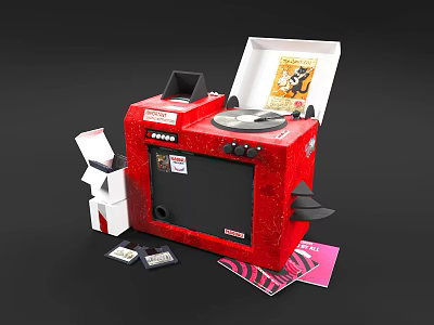 Red Commercial Vinyl Record Player With Open Box Music Records And Paper Cards 3d model