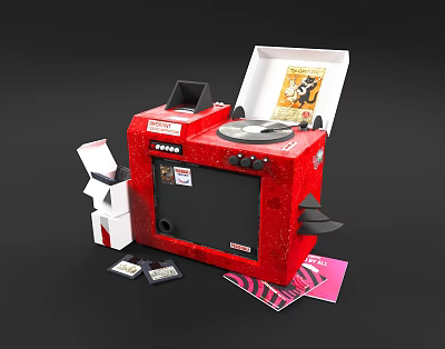 Red Commercial Vinyl Record Player With Open Box Music Records And Paper Cards 3d model