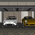 White and Brown Porsche Cars Parked in Modern Garage with Charging Station and Wooden Walls