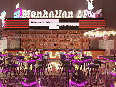 Manhalian 1 Bar With Neon Sign Wonderful Life Banner Purple Lighting And Cocktail Seating 3d model