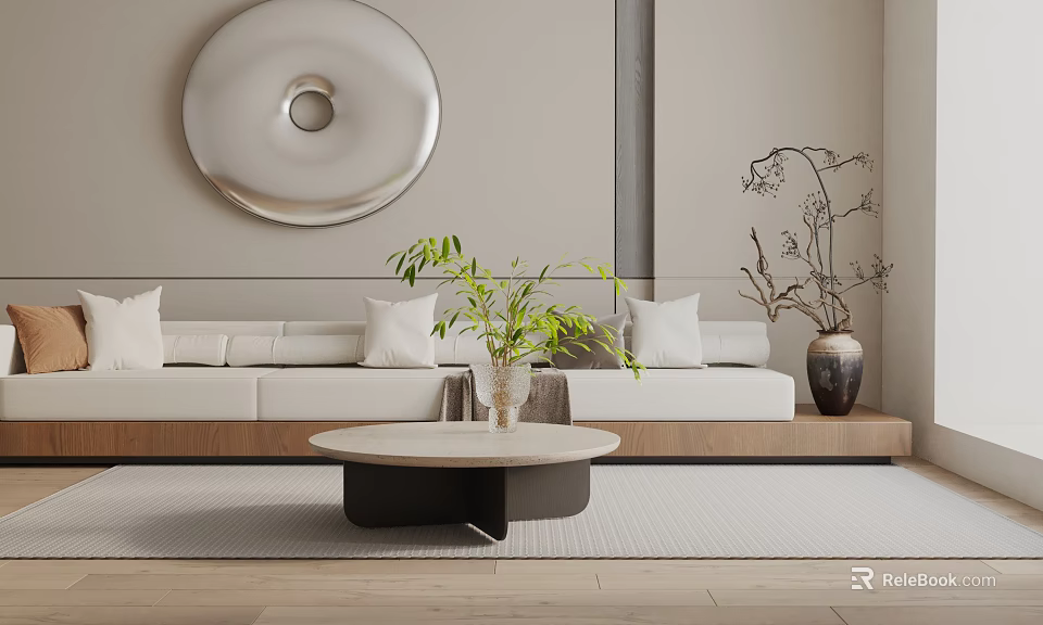 Modern White Three Seater Sofa With Round Coffee Table Green Plant And Decorative Pillows 3d model 