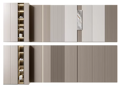 Modern Background Wall Design With Wooden Panels Vertical Stripes And Built in LED Shelves 3d model