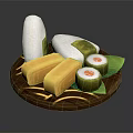 Traditional Asian Food Platter with Rice Dumplings Tamagoyaki and Sushi Rolls on Wooden Plate