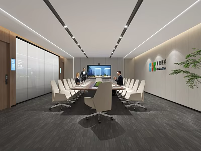 Modern Conference Room Interior With Long Table White Chairs Large Screen Company Logo And Plant 3d model