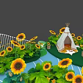 Scenic Sunflower Garden With River Tents Green Grass And Leaves