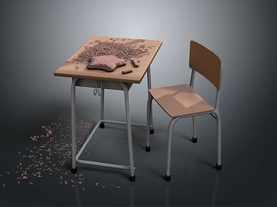 Wooden Student Desk And Chair With Metal Frame And Wood Shavings On Tabletop 3d model