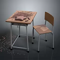 Wooden Student Desk And Chair With Metal Frame And Wood Shavings On Tabletop