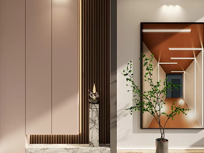 Modern Entryway Cabinet And Sideboard Design With Large Mirror Green Plant And Marble Accents 3d model