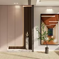 Modern Entryway Cabinet And Sideboard Design With Large Mirror Green Plant And Marble Accents