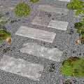 Zen Garden Path With Stone Slabs Pebble Ground Small Shrubs And Lamps