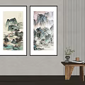 Two Traditional Chinese Landscape Paintings Hanging On Wall In Modern Interior Room