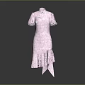 Pink Floral Cheongsam With Short Sleeves Stand Collar And Asymmetric Ruffled Hem