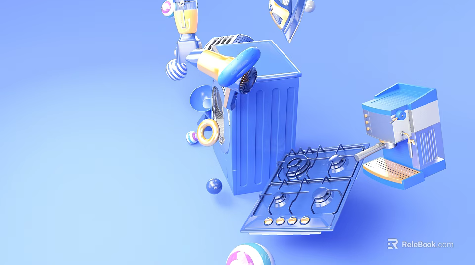 Blue Kitchen Items With Trash Can Gas Stove And Small Decorative Objects 3d model