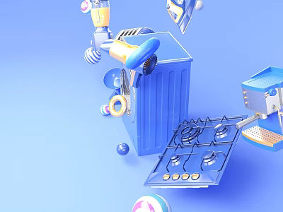 Blue Kitchen Items With Trash Can Gas Stove And Small Decorative Objects 3d model